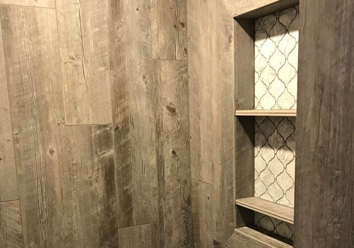 barn-board tile shower